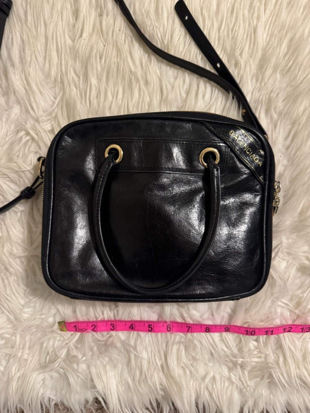 Vintage Balenciaga Black Leather Top-Handle Crossbody Bag with Gold Hardware